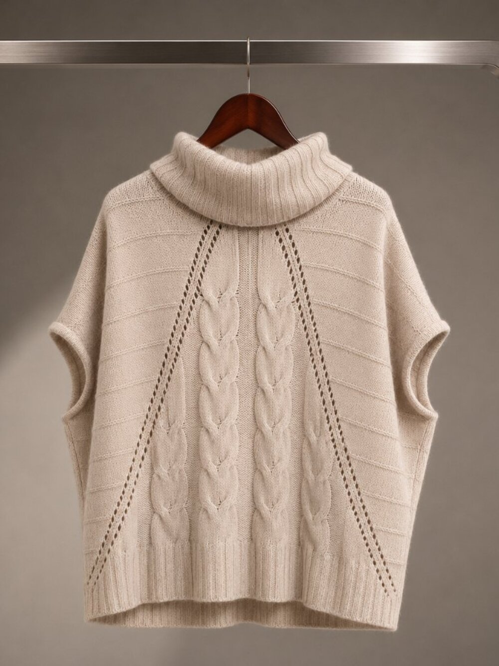 Design History Cowl Neck Poncho Sweater Cable Knit Pointelle Cream Blush XS